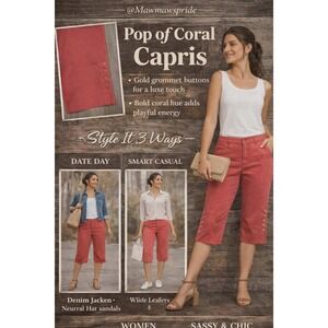 POP OF COLOR CORAL Larry Levine  Capris‎ with Gold Button Detail Size 14